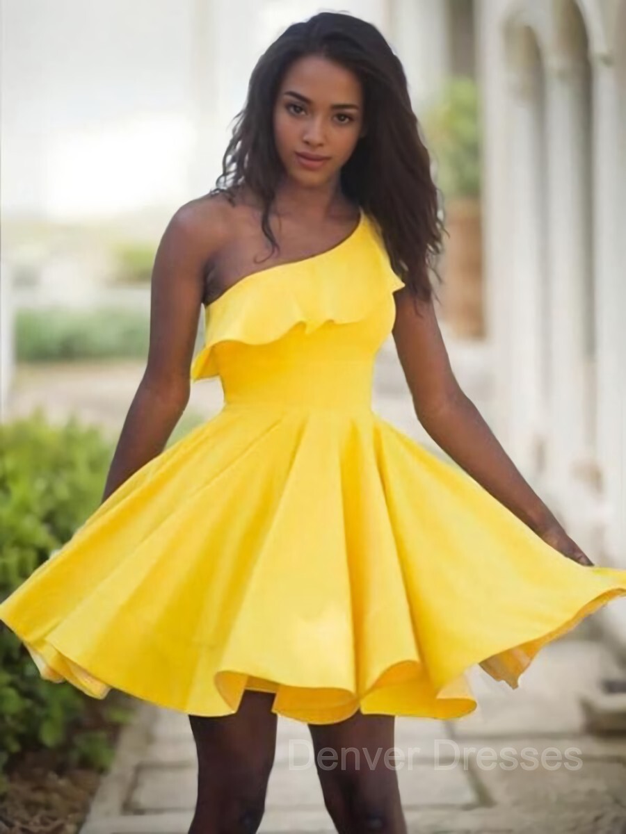 Party Dress Top, A-Line/Princess One-Shoulder Short/Mini Satin Homecoming Dresses With Ruffles