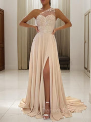 Homecomming Dresses With Sleeves, A-Line/Princess One-Shoulder Sweep Train Chiffon Prom Dresses With Leg Slit
