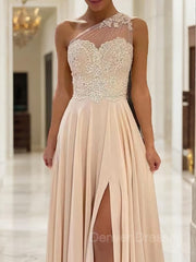 Homecomming Dresses Floral, A-Line/Princess One-Shoulder Sweep Train Chiffon Prom Dresses With Leg Slit