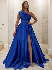Party Dress In Store, A-Line/Princess One-Shoulder Sweep Train Satin Prom Dresses With Leg Slit