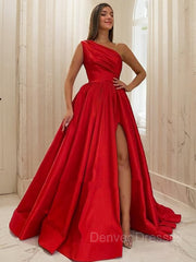 Party Dresses In Store, A-Line/Princess One-Shoulder Sweep Train Satin Prom Dresses With Leg Slit