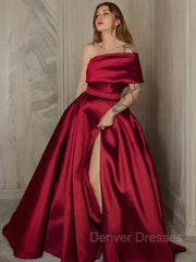 Bridesmaid Dress On Sale, A-Line/Princess One-Shoulder Sweep Train Satin Prom Dresses With Leg Slit