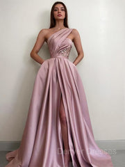 Prom Dress Cute, A-Line/Princess One-Shoulder Sweep Train Satin Prom Dresses With Pockets