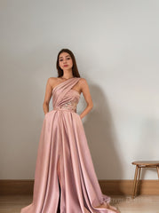 Prom Dresses Cute, A-Line/Princess One-Shoulder Sweep Train Satin Prom Dresses With Pockets