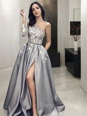 Wedding Pictures, A-Line/Princess One-Shoulder Sweep Train Satin Prom Dresses With Pockets