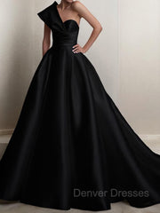 Prom Dresses Inspiration, A-Line/Princess One-Shoulder Sweep Train Satin Prom Dresses With Ruffles