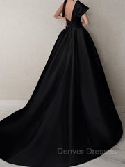 Prom Dress Inspirational, A-Line/Princess One-Shoulder Sweep Train Satin Prom Dresses With Ruffles