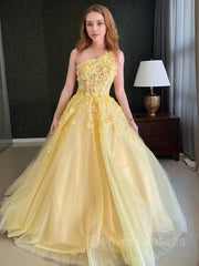 Prom Dresses With Long Sleeves, A-Line/Princess One-Shoulder Sweep Train Tulle Prom Dresses With Appliques Lace