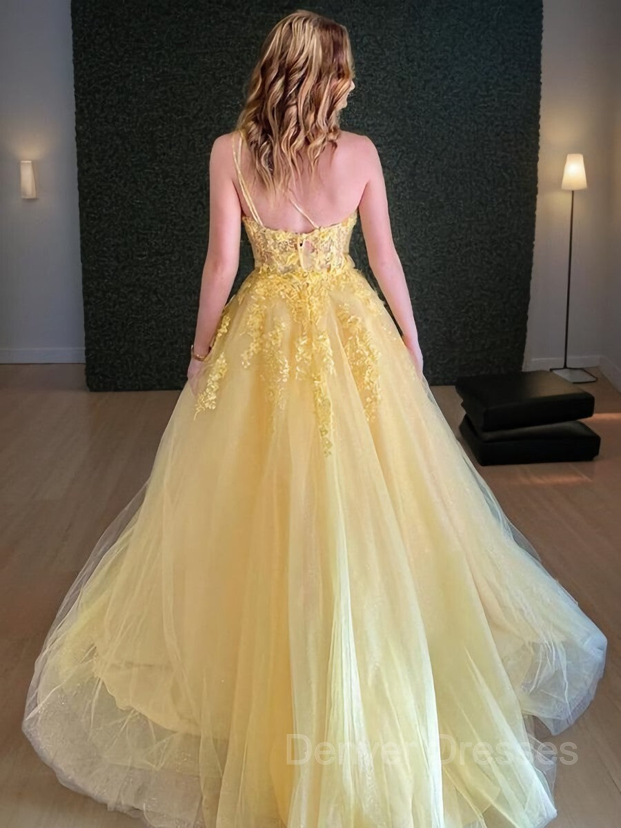 Prom Dress Casual, A-Line/Princess One-Shoulder Sweep Train Tulle Prom Dresses With Appliques Lace