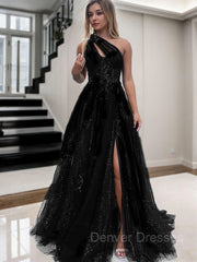 Prom Dress Ball Gown, A-Line/Princess One-Shoulder Sweep Train Tulle Prom Dresses With Leg Slit