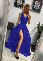 Prom Look, A-line/Princess Scalloped Neck Sleeveless Long/Floor-Length Elastic Satin Prom Dress With Lace Split