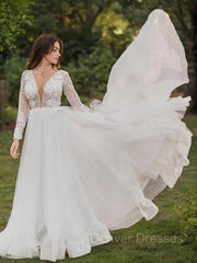 Wedding Dresses Romantic, A-Line/Princess Scoop Cathedral Train Tulle Wedding Dresses With Appliques Lace