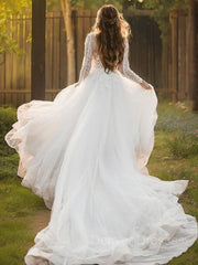 Wedding Dress Outfits, A-Line/Princess Scoop Cathedral Train Tulle Wedding Dresses With Appliques Lace