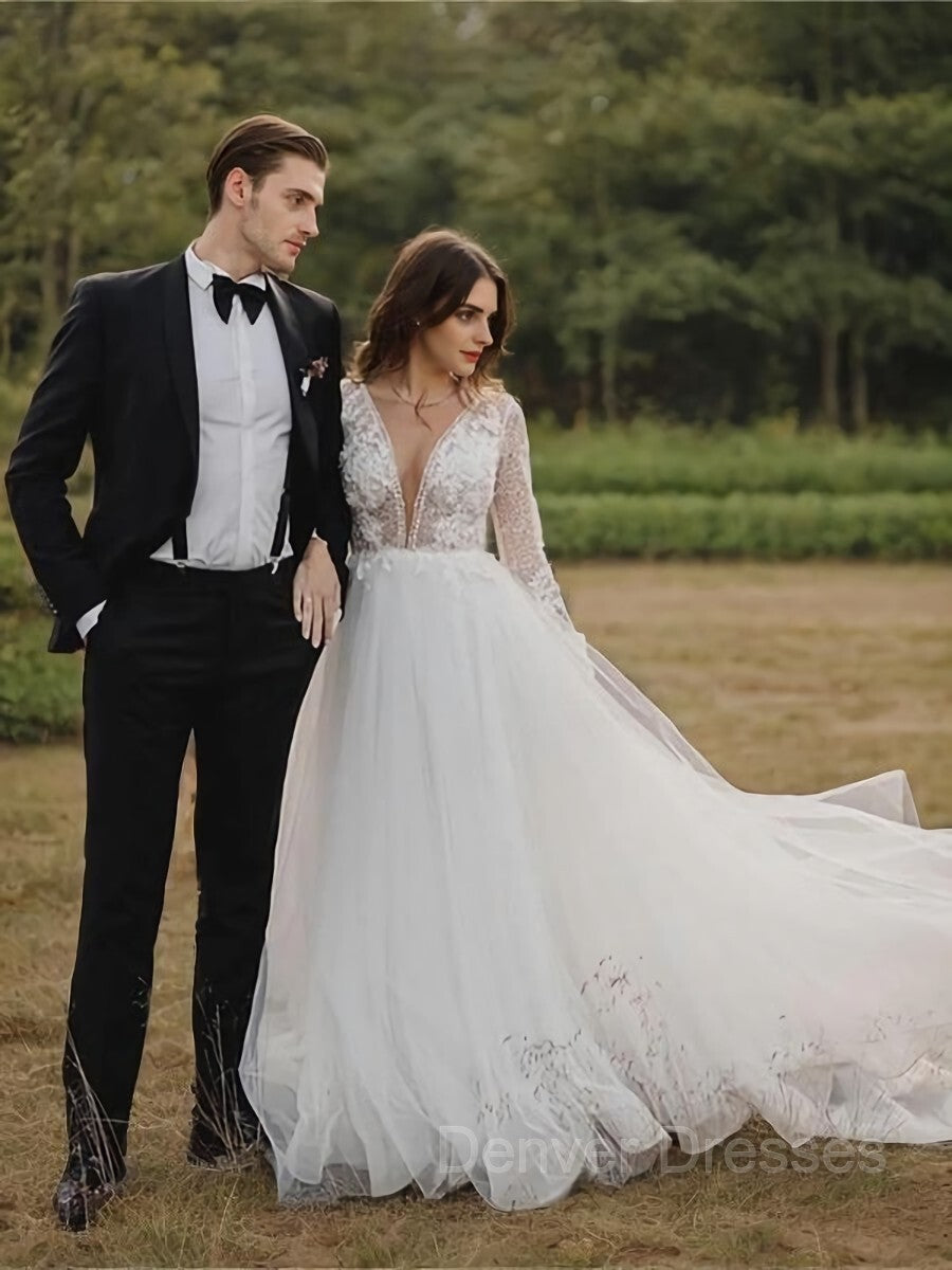 Wedding Dresses Inspired, A-Line/Princess Scoop Cathedral Train Tulle Wedding Dresses With Appliques Lace