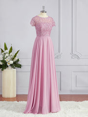 Prom Dress Inspiration, A-Line/Princess Scoop Floor-Length Chiffon Bridesmaid Dresses with Appliques Lace