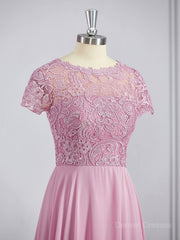 Party Dresses, A-Line/Princess Scoop Floor-Length Chiffon Bridesmaid Dresses with Appliques Lace