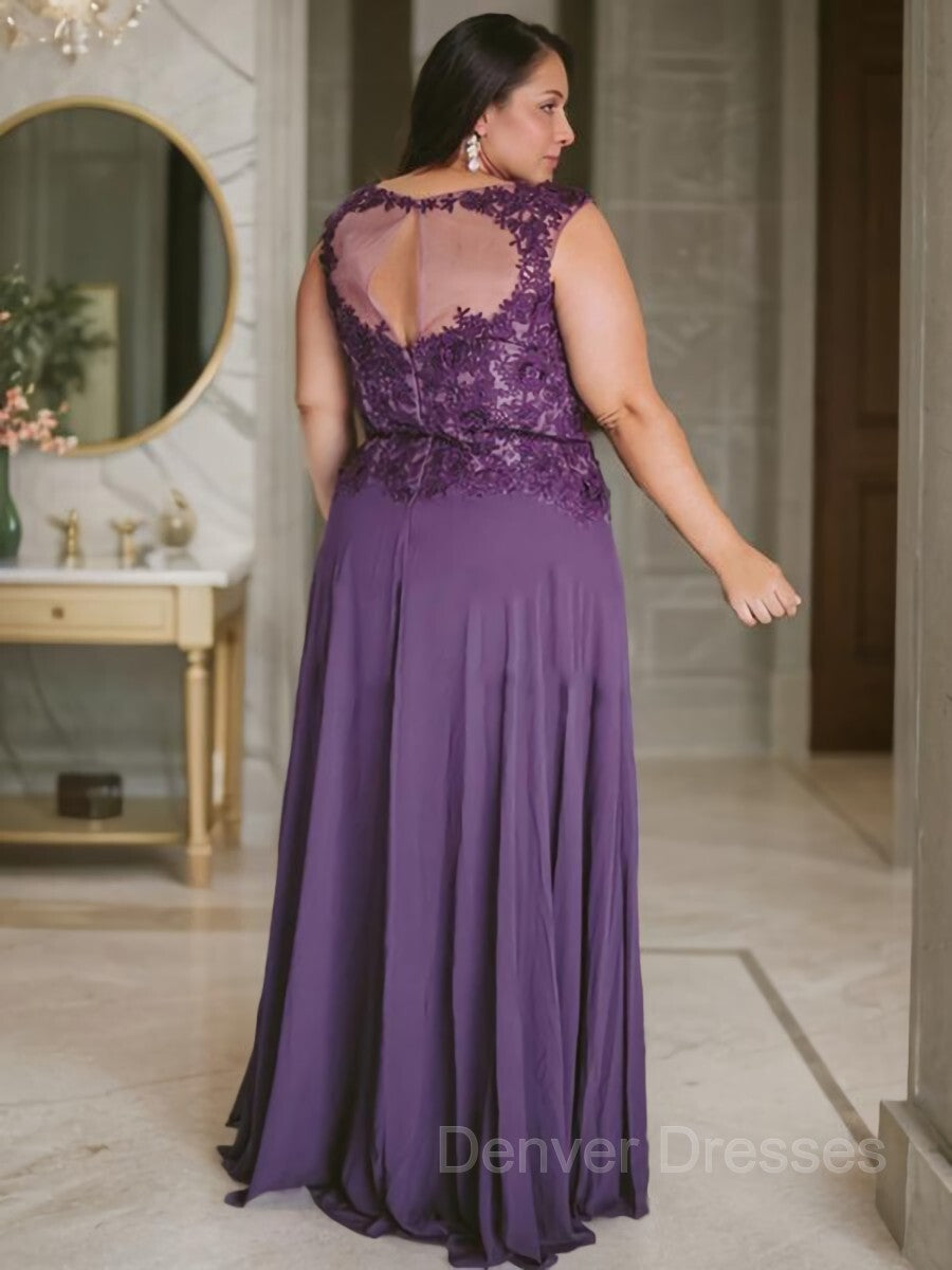 Prom Dress Blue Long, A-Line/Princess Scoop Floor-Length Chiffon Mother of the Bride Dresses With Appliques Lace