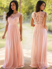 Party Dress Dress Code, A-Line/Princess Scoop Floor-Length Chiffon Prom Dresses With Appliques Lace