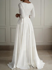 Wedding Dresses With Pockets, A-Line/Princess Scoop Floor-Length Stretch Crepe Wedding Dresses
