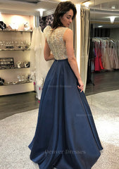 Bridesmaides Dresses Fall, A-line/Princess Scoop Neck Sleeveless Long/Floor-Length Satin Prom Dress With Beading