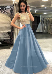 Bridesmaid Dress Fall, A-line/Princess Scoop Neck Sleeveless Long/Floor-Length Satin Prom Dress With Beading