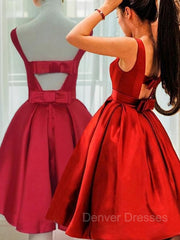 Evening Dresses For Weddings Guest, A-Line/Princess Scoop Short/Mini Satin Homecoming Dresses With Bow