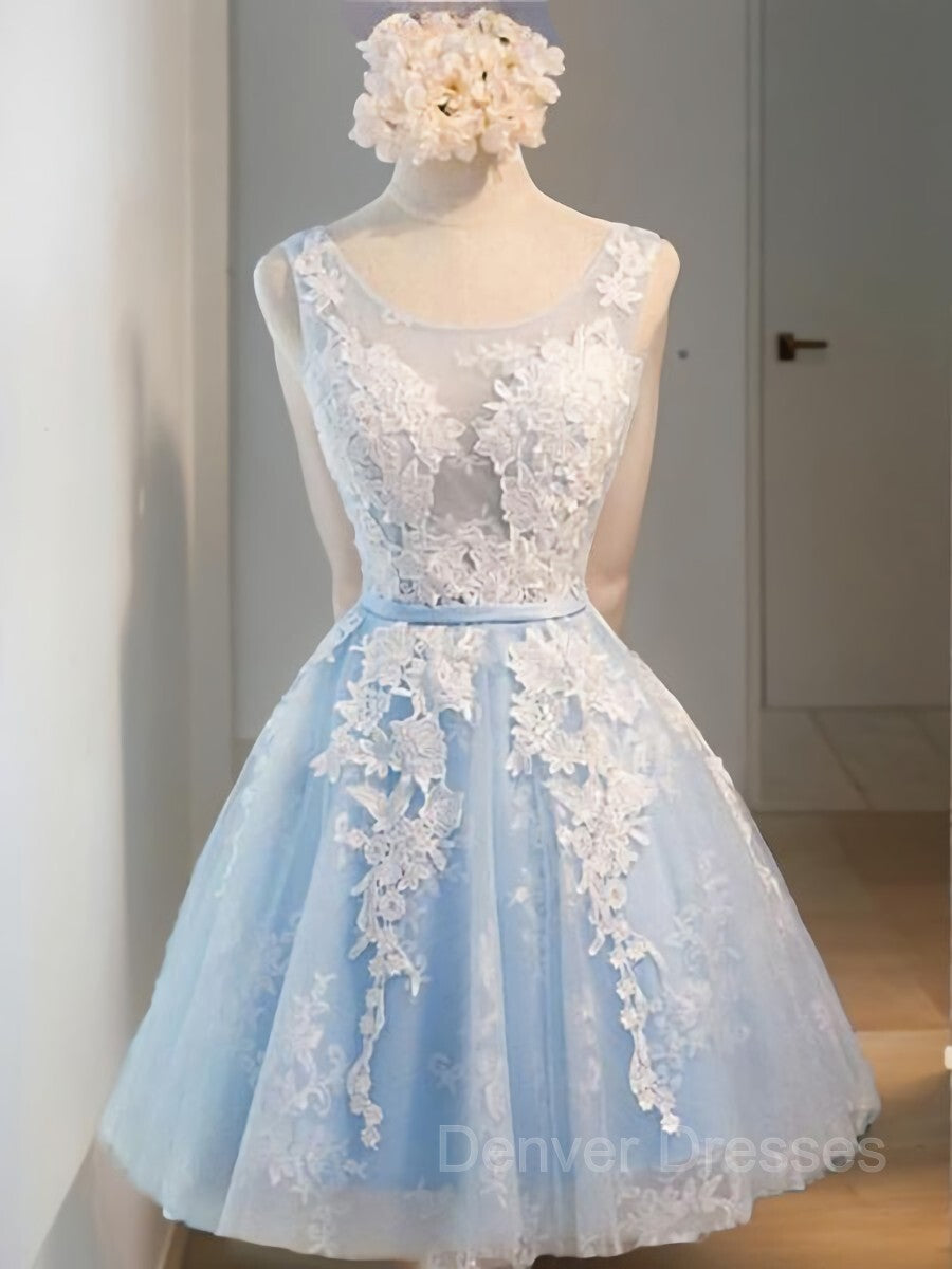 Party Dresses Designer, A-Line/Princess Scoop Short/Mini Tulle Homecoming Dresses With Appliques Lace