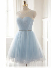 Beauty Dress Design, A-Line/Princess Scoop Short/Mini Tulle Homecoming Dresses With Beading