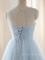 Champagne Prom Dress, A-Line/Princess Scoop Short/Mini Tulle Homecoming Dresses With Beading