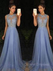 Party Dresses Glitter, A-Line/Princess Scoop Sweep Train Chiffon Prom Dresses With Appliques Lace