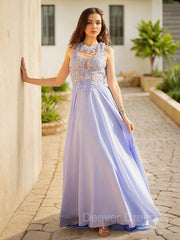Party Dress Glitter, A-Line/Princess Scoop Sweep Train Chiffon Prom Dresses With Appliques Lace