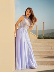 Party Dress Open Back, A-Line/Princess Scoop Sweep Train Chiffon Prom Dresses With Appliques Lace