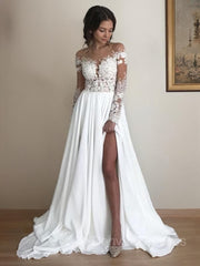 Wedding Dress Cheaper, A-Line/Princess Scoop Sweep Train Chiffon Wedding Dresses With Leg Slit