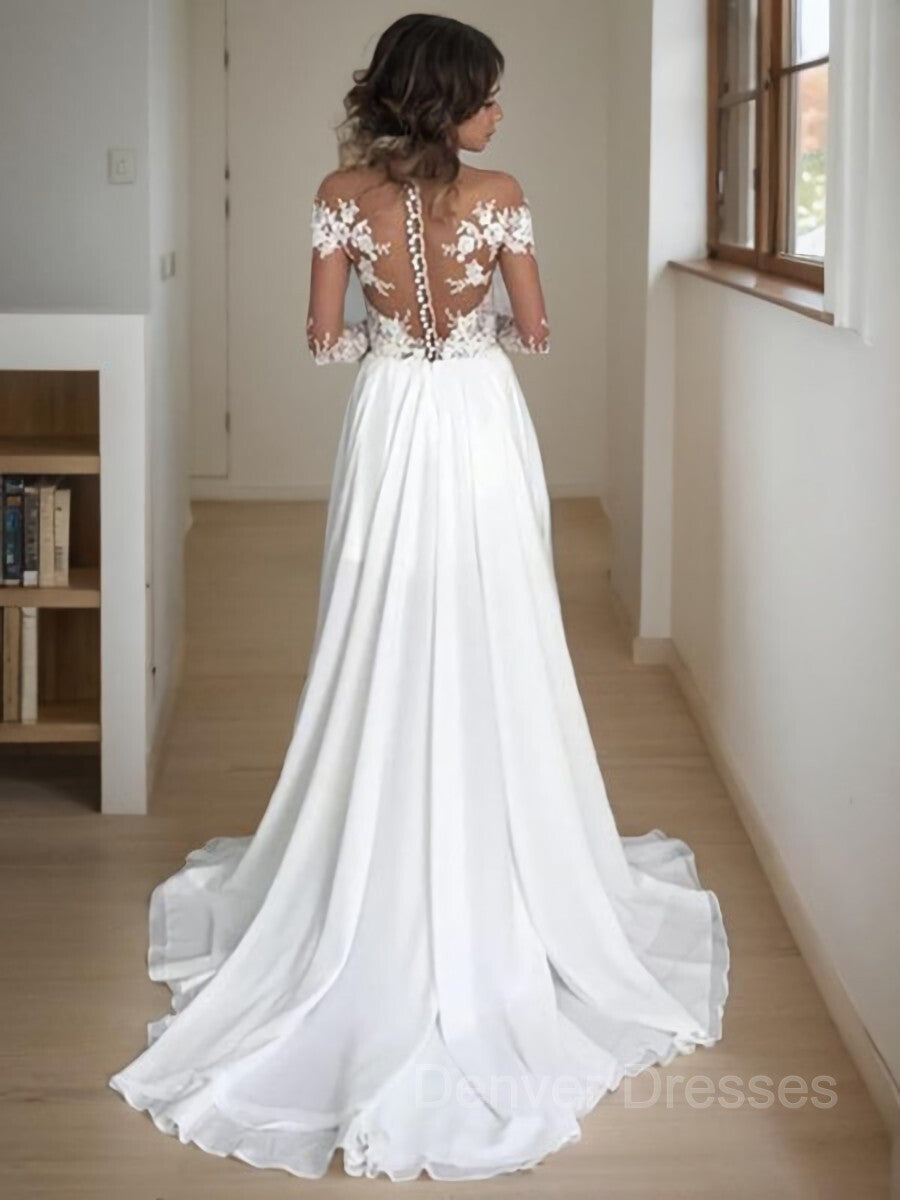 Wedding Dress Cheap, A-Line/Princess Scoop Sweep Train Chiffon Wedding Dresses With Leg Slit