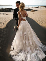 Wedding Dresses And Veils, A-Line/Princess Scoop Sweep Train Lace Wedding Dresses With Appliques Lace