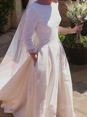 Wedding Dress Classy, A-Line/Princess Scoop Sweep Train Stretch Crepe Wedding Dresses With Ruffles