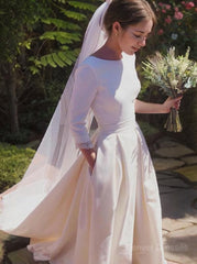 Wedding Dresses Classy, A-Line/Princess Scoop Sweep Train Stretch Crepe Wedding Dresses With Ruffles