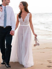 Wedding Dresses Lace Beach, A-Line/Princess Scoop Sweep Train Tulle Wedding Dresses