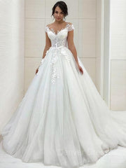 Wedding Dresses Fashion, A-Line/Princess Scoop Sweep Train Tulle Wedding Dresses