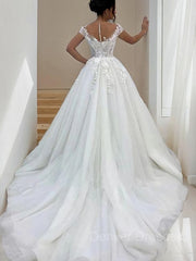 Wedding Dress Fashion, A-Line/Princess Scoop Sweep Train Tulle Wedding Dresses