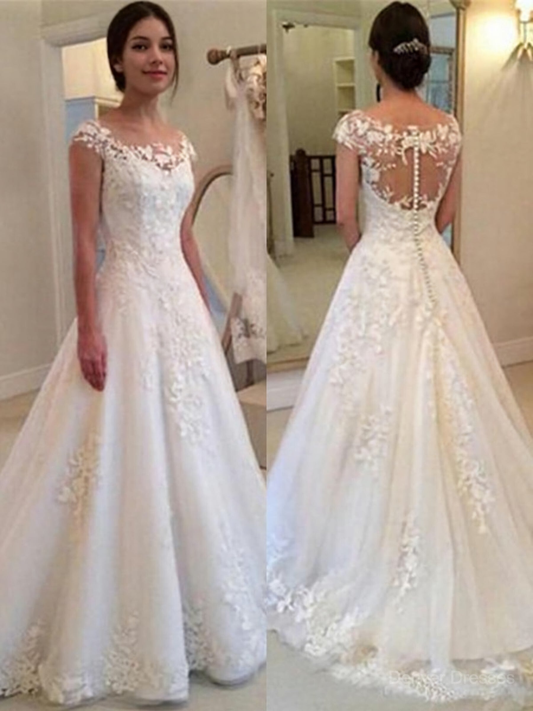 Wedding Dress Simple Elegant, A-Line/Princess Scoop Sweep Train Tulle Wedding Dresses With Appliques Lace