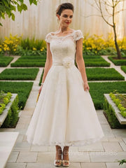 Wedding Dress Colored, A-Line/Princess Scoop Tea-Length Tulle Wedding Dresses