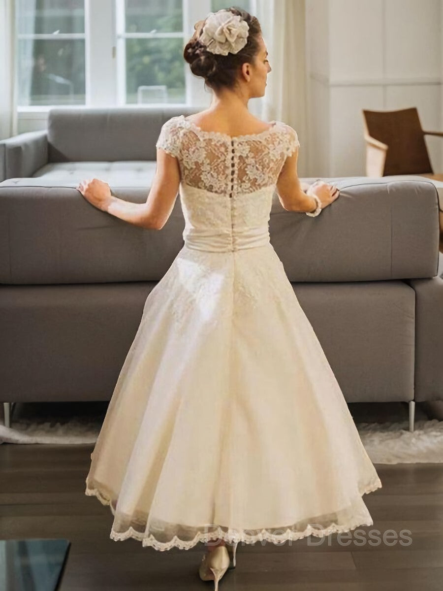 Wedding Dresses Colors, A-Line/Princess Scoop Tea-Length Tulle Wedding Dresses