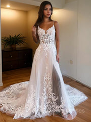 Wedding Dresses Under 207, A-Line/Princess Spaghetti Straps Chapel Train Tulle Wedding Dresses With Leg Slit
