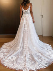 Wedding Dresses Long Sleeves, A-Line/Princess Spaghetti Straps Chapel Train Tulle Wedding Dresses With Leg Slit