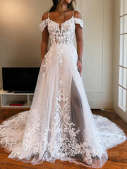Wedding Dresses For Sale, A-Line/Princess Spaghetti Straps Chapel Train Tulle Wedding Dresses With Leg Slit