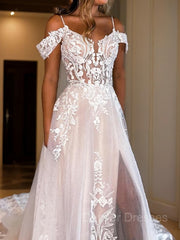 Wedding Dress For Sale, A-Line/Princess Spaghetti Straps Chapel Train Tulle Wedding Dresses With Leg Slit