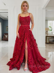 Sweet 33 Dress, A-Line/Princess Spaghetti Straps Court Train Tulle Prom Dresses With Leg Slit