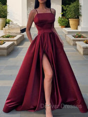 Bridesmaid Dresses Idea, A-Line/Princess Spaghetti Straps Floor-Length Satin Prom Dresses With Leg Slit