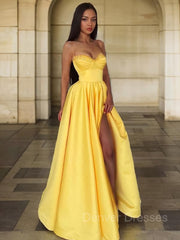 Prom Dress Long, A-Line/Princess Spaghetti Straps Floor-Length Satin Prom Dresses With Leg Slit